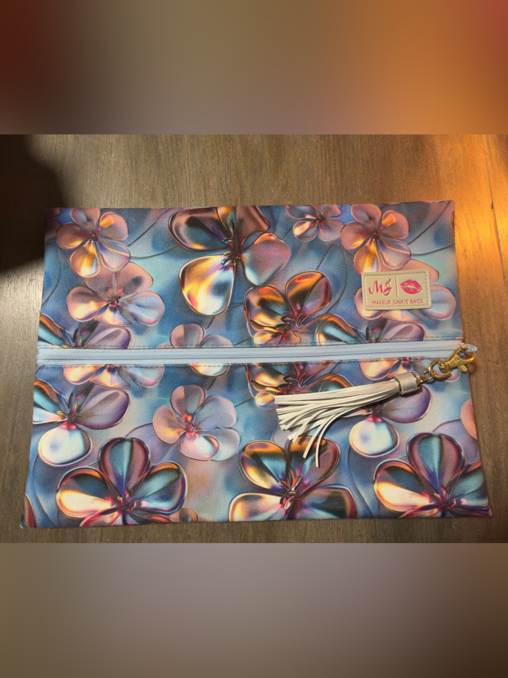 Makeup Junkie Large Floral Holographic Zip Bag